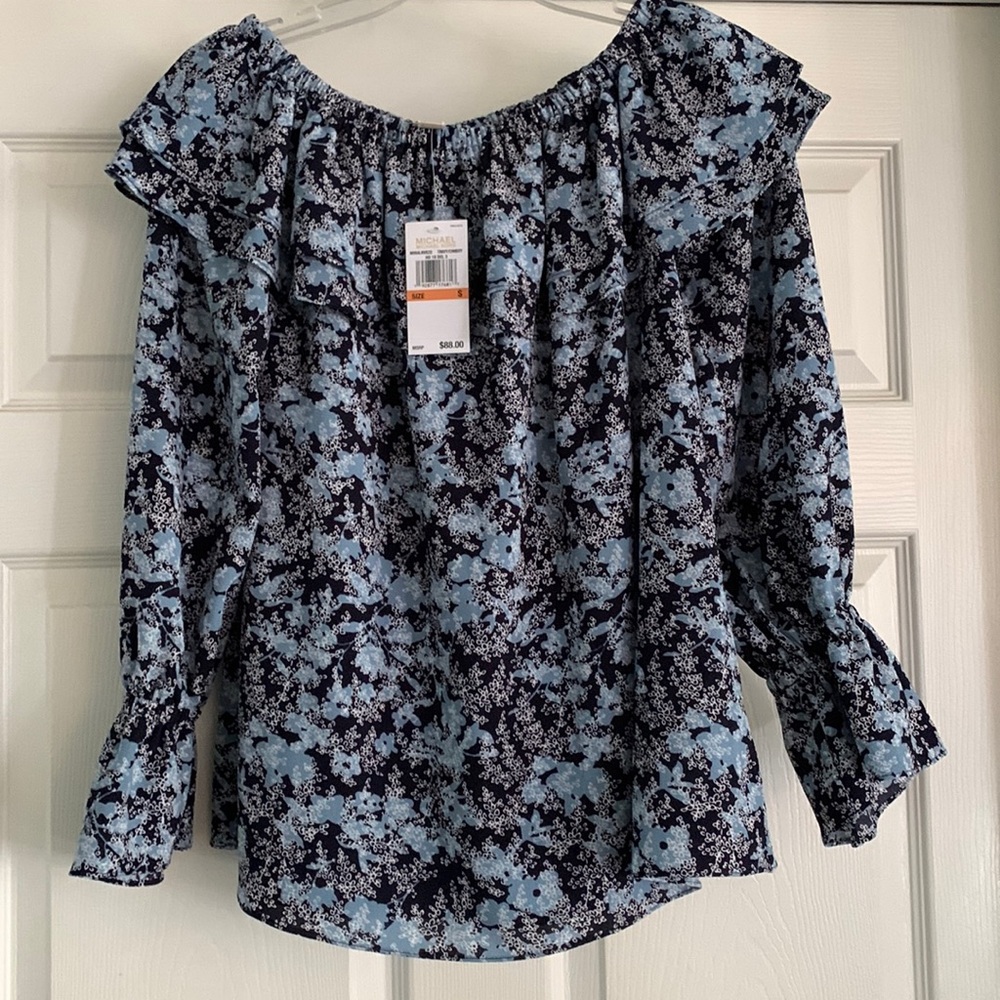 Michael Kors Womens Off-the-shoulder True Navy Floral Flounce Top Size S